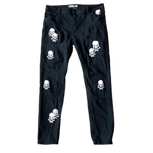 PREME Mens Size 40 x 33 Black Distressed Moto Jeans Black Skull Bones Poison